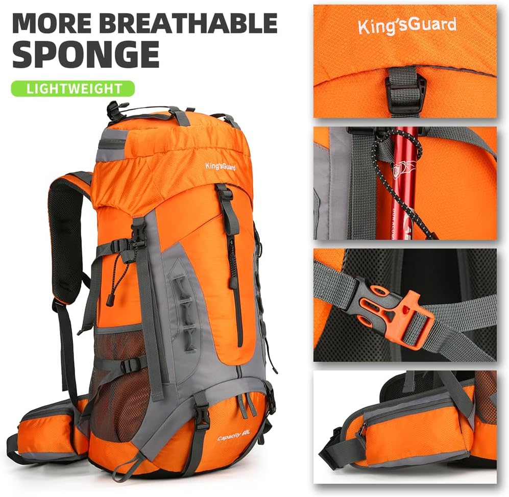 WIYPRQZ Mochila de senderismo ligera impermeable de 60L Mochila deportiva al aire libre con cubierta de lluvia Camping, Naranja, Senderismo