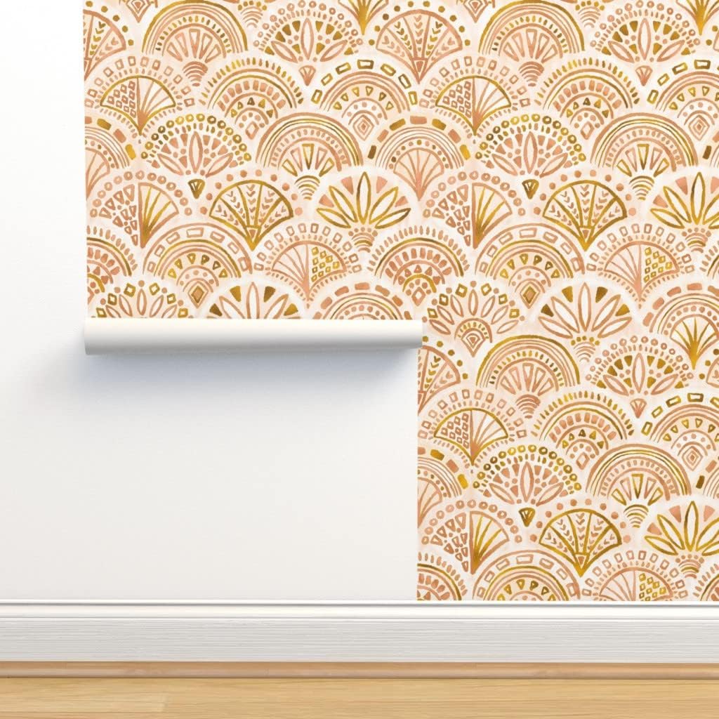 Spoonflower Peel & Stick Wallpaper Swatch – Seashell Geometry Gold Circles Geometric Dots Triangles Neutral Custom Removable Wallpaper