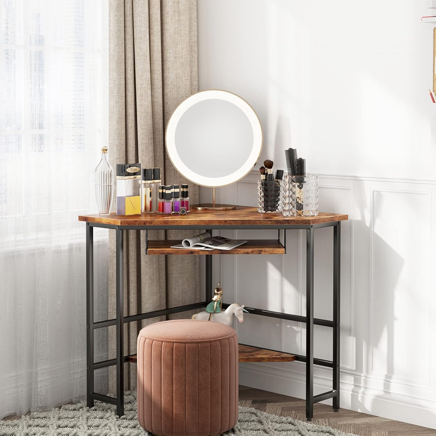 DlandHome Escritorio esquinero triangular para computadora con bandeja para teclado, mesa de computadora portátil, escritorio pequeño para