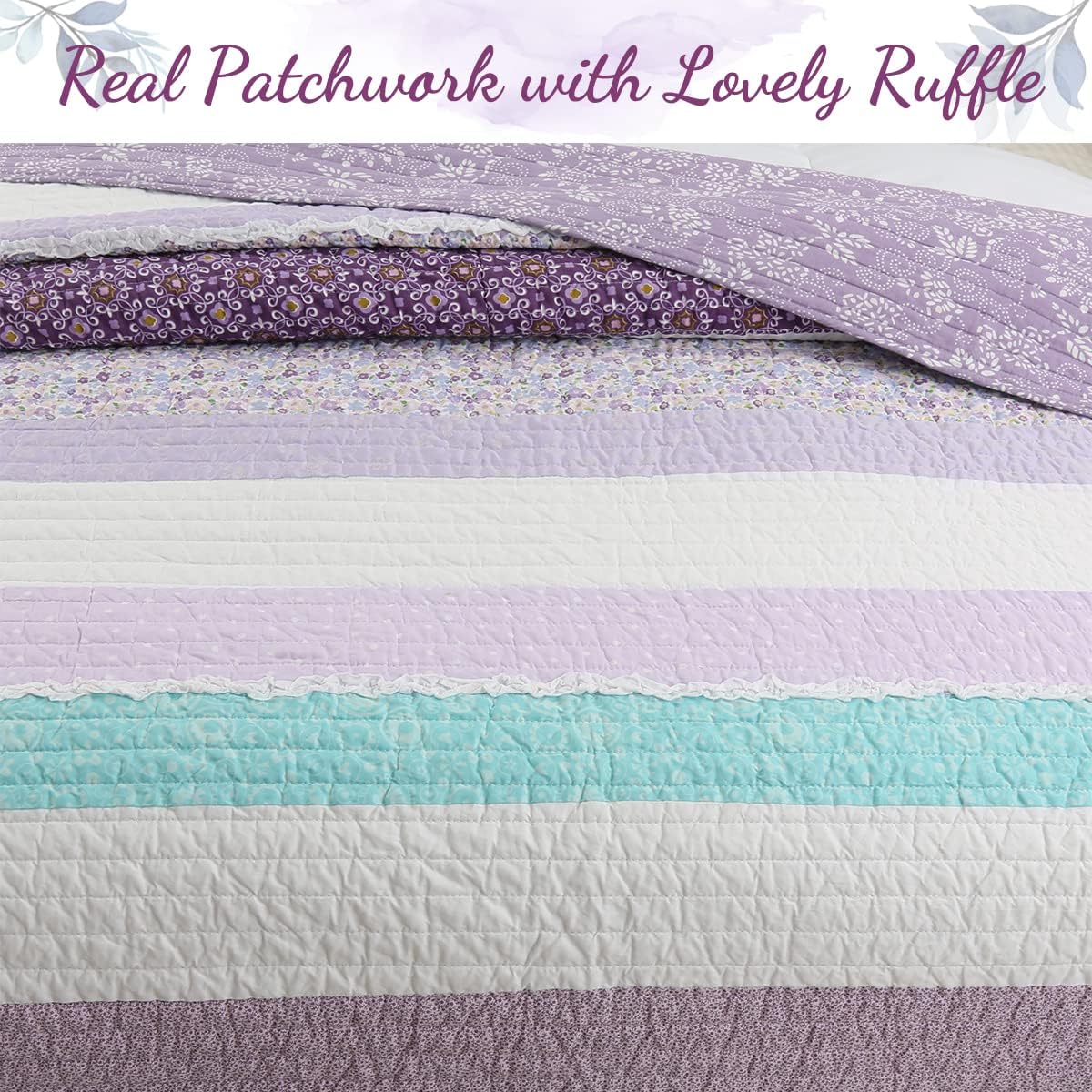 Cozy Line Home Fashions Purple Cosmos Spring Floral Stripe Garden Lavender Teal & White Ruffle Cotton Reversible Juego de ropa de cama