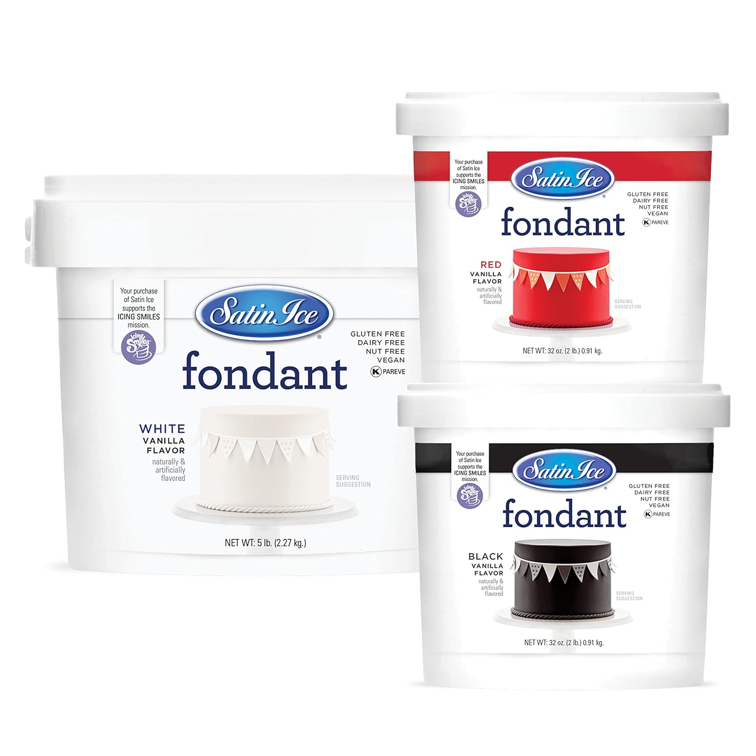 Bundle – Satin Ice Fondant, blanco 5 libras + rojo 2 libras + negro 2 libras, vainilla