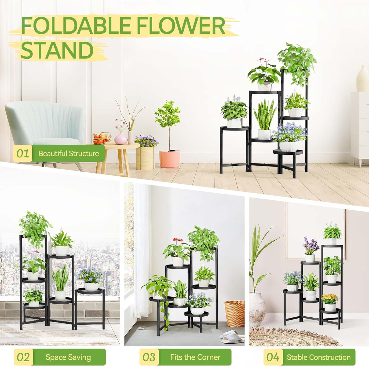 iDavosic.ly Soporte para plantas de 6 niveles para interiores, soporte de esquina de metal escalonado para plantas al aire libre para múltiples
