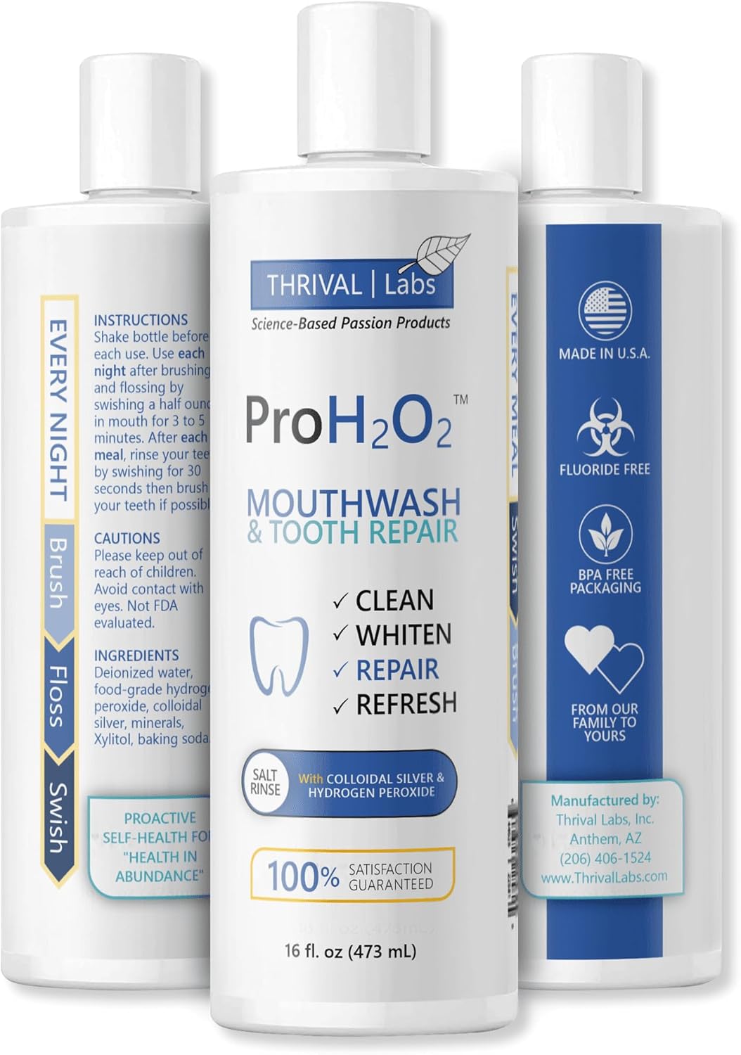 ProH2O2 – Enjuague bucal natural, batido de sal y reparación de dientes por Thrival Labs, dispensación superior de prensa, 16 onzas líquidas