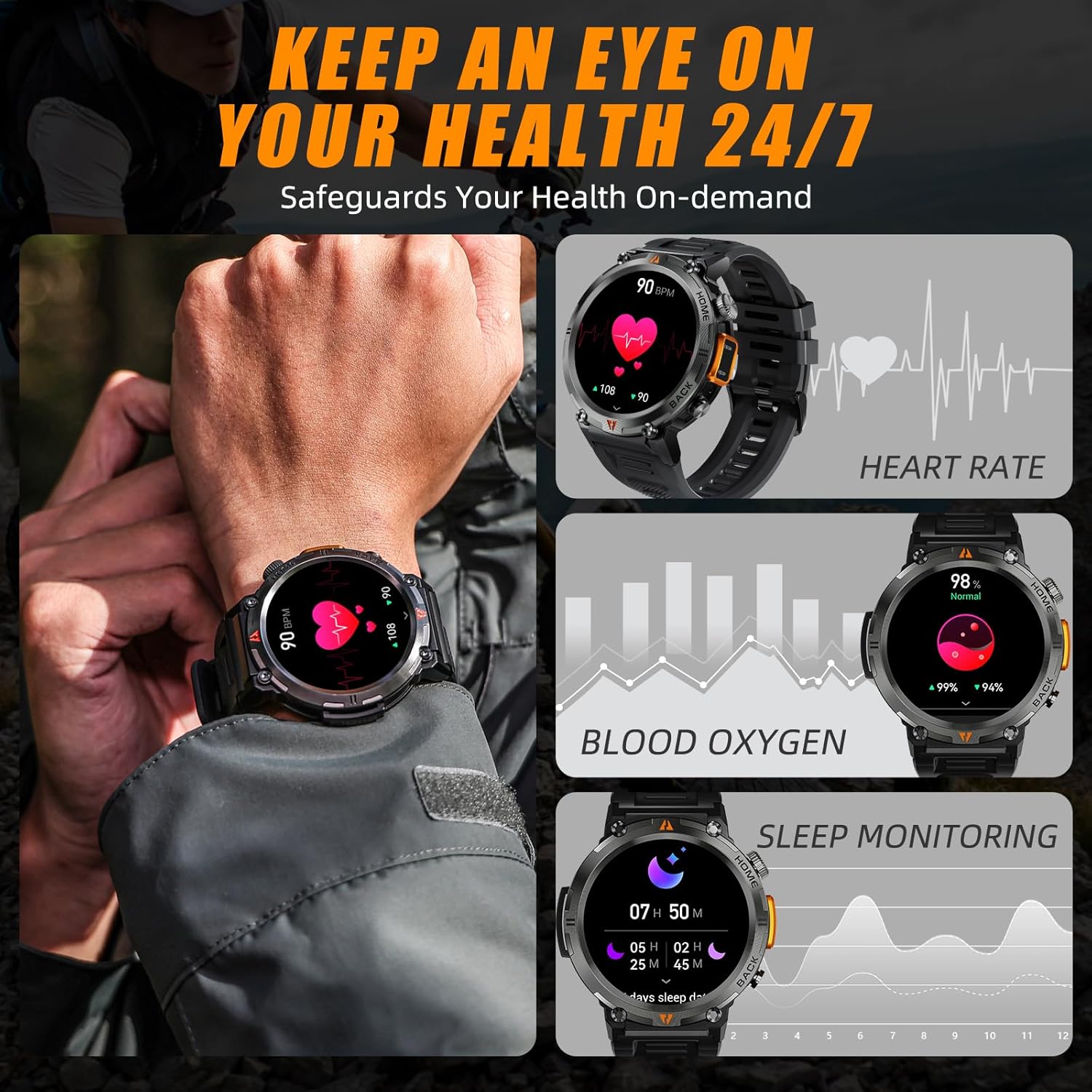 Reloj inteligente militar para hombres (respuestamarcado) linterna de 1.45 pulgadas, resistente reloj inteligente con más de 100 modos deportivos,