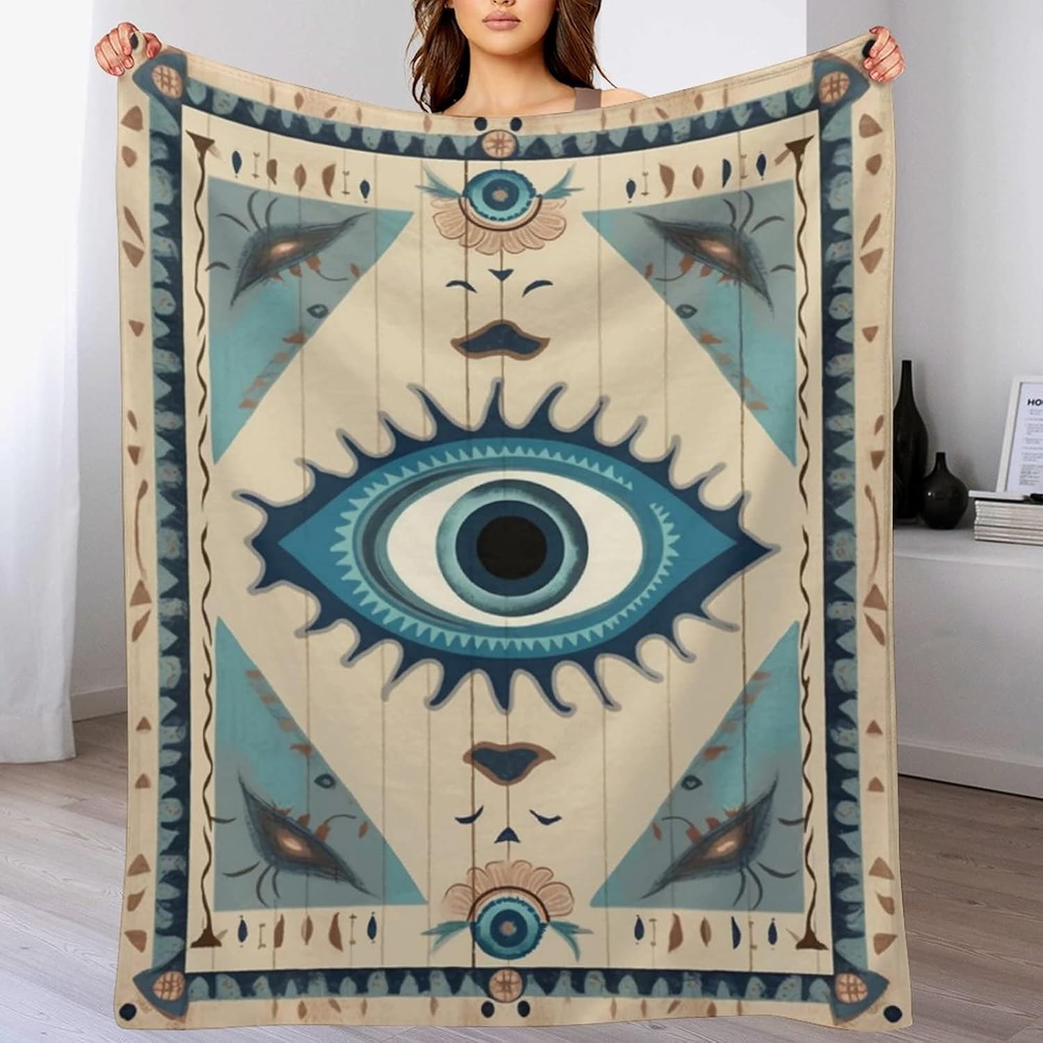 Manta de mal de ojo, tribal bohemio, retro, súper suave, acogedora, cálida, manta decorativa para sala de estar, dormitorio, dormitorio