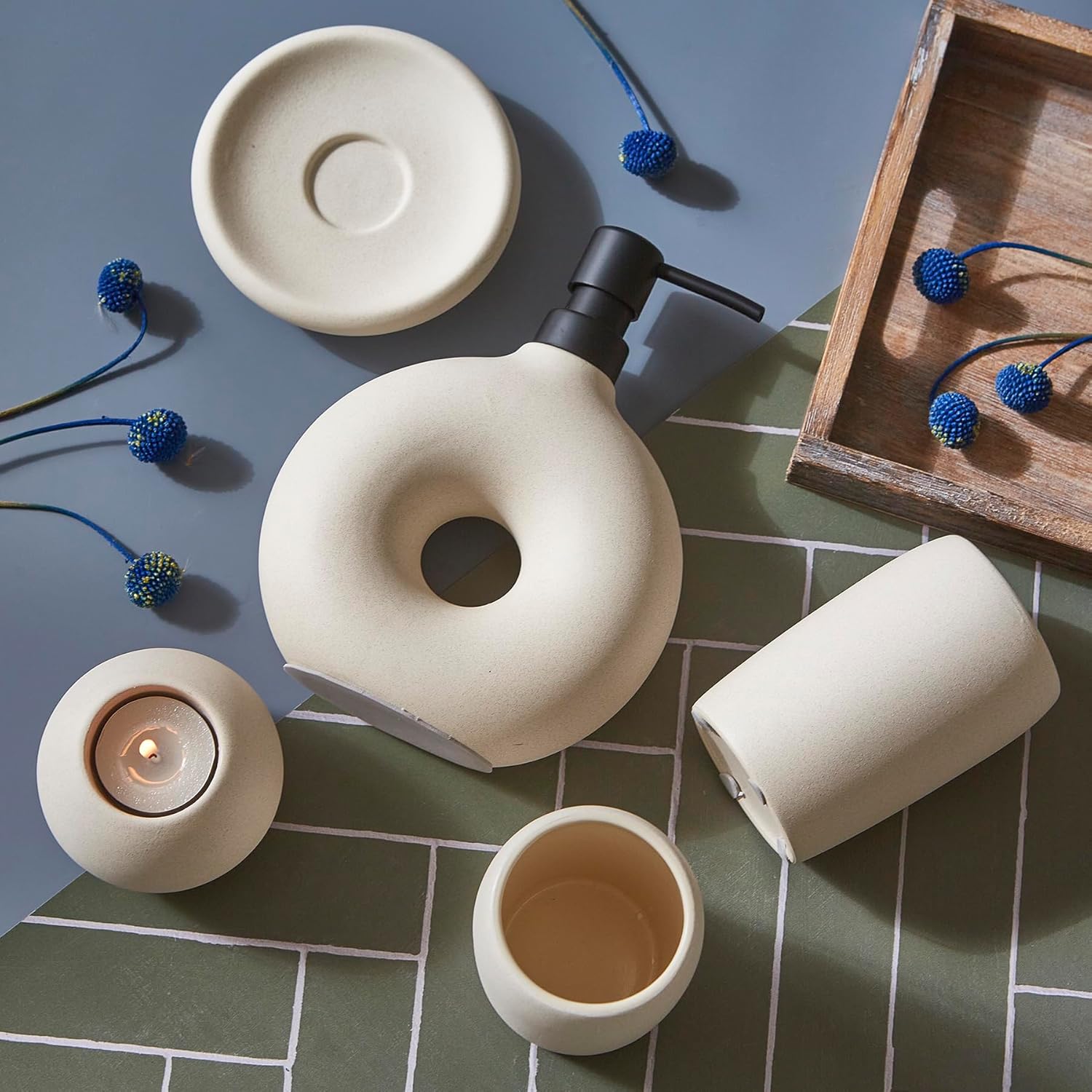 Juego de accesorios de baño de cerámica, 5 piezas, incluye dispensador de jabón, taza para cepillo de dientes, soporte para cepillos de dientes,