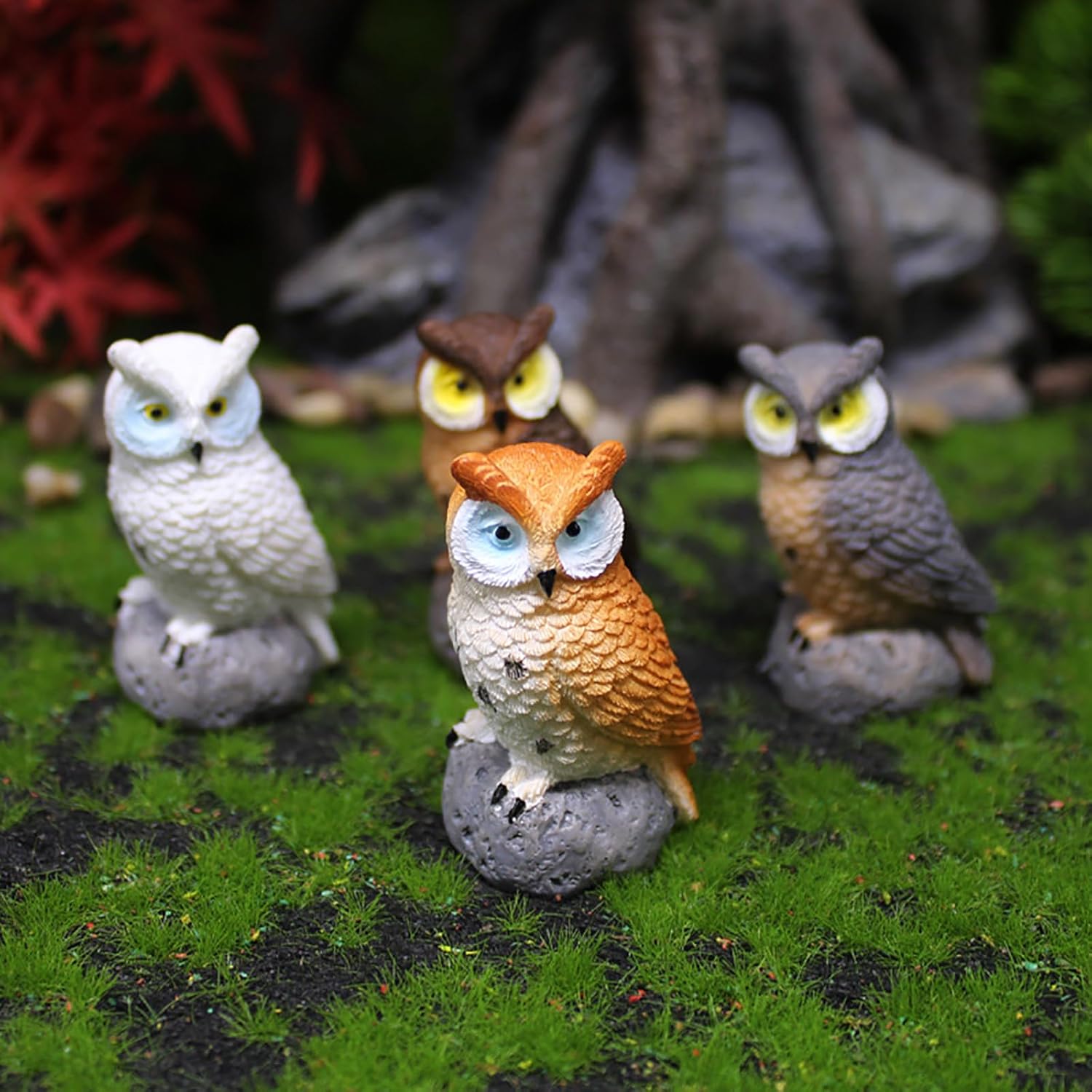 Mini estatua de búho, 4 piezas, espantapájaros, búho falso, escultura de señuelo de hadas, accesorios de jardín, suministros de micro paisaje,