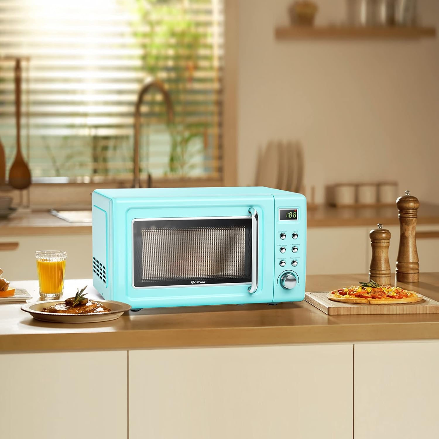 MAT EXPERT Horno microondas compacto de 0.7 pies cúbicos, temporizador digital y bloqueo para niños, microondas pequeño con plato giratorio de