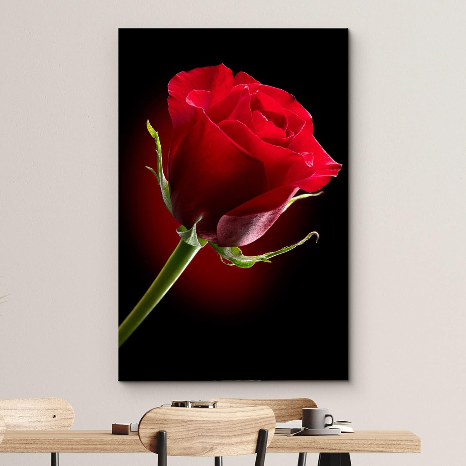 Impresiones en lienzo para pared, primer plano de rosa roja sobre fondo negro, decoración moderna de pareddecoración del hogar, lienzo estirado para