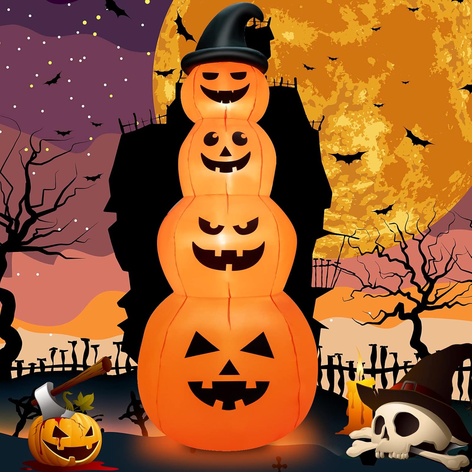 GOFLAME Calabazas inflables apiladas de Halloween de 8 pies con sombrero de bruja, decoración navideña inflable con luces LED integradas, soplador