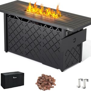 YITAHOME Mesa para fogata de propano de 57 pulgadas, hoguera de gas de 50,000 BTU con sistemas de encendido, mesa de hierro, roca de lava, cubierta, YITAHOME Mesa para fogata de propano de 57 pulgadas, hoguera de gas de 50,000 BTU con sistemas de encendido, mesa de hierro, roca de lava, cubierta,