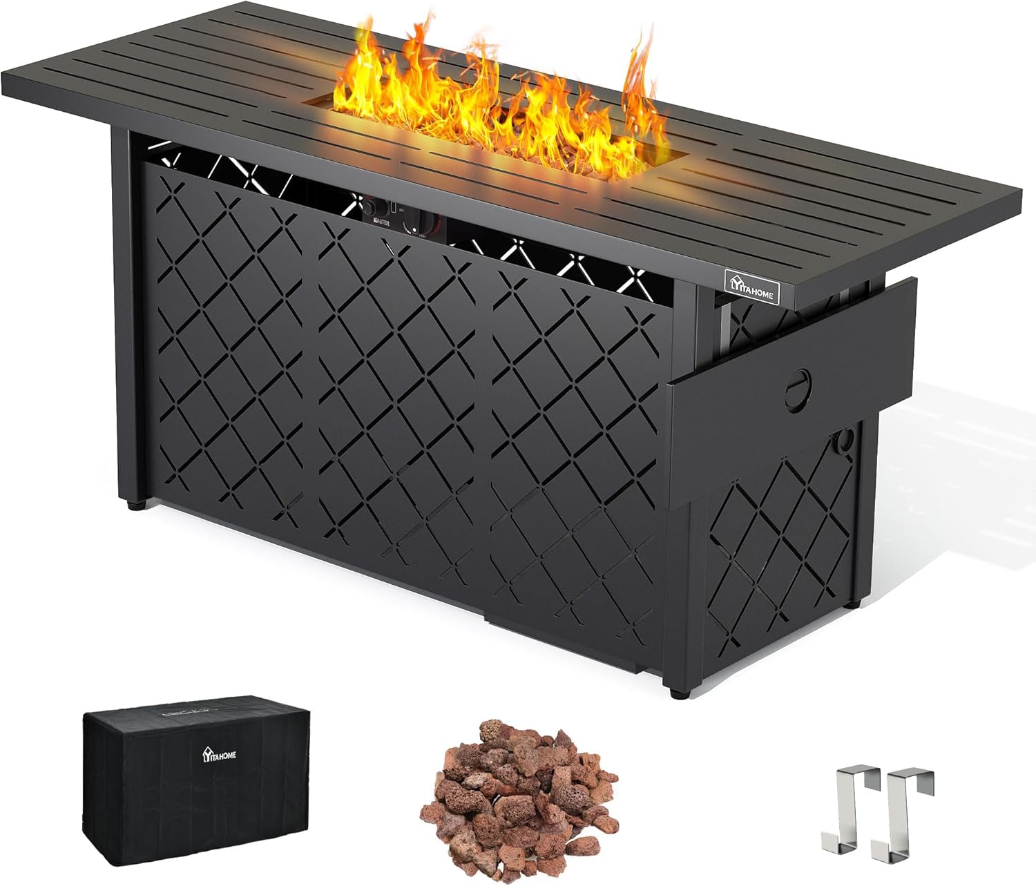 YITAHOME Mesa para fogata de propano de 57 pulgadas, hoguera de gas de 50,000 BTU con sistemas de encendido, mesa de hierro, roca de lava, cubierta,