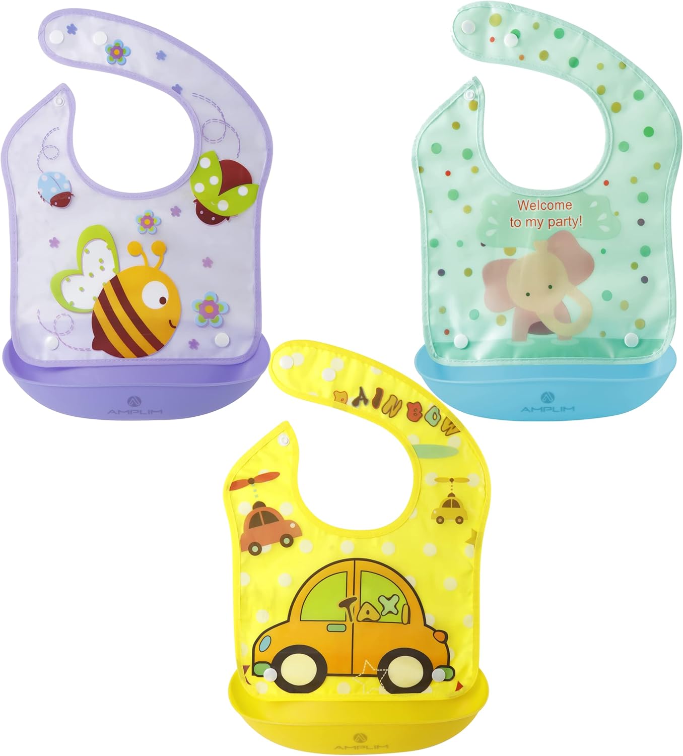 Amplim Babero de alimentación para bebés (paquete de 3) baberos para comer. Impermeable, ajustable, ligero. Material ecológico de PEVA. Sin BPA,