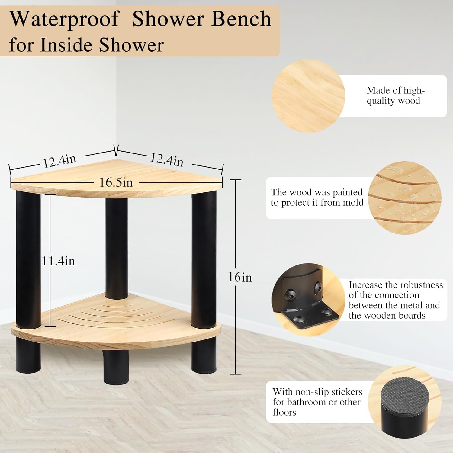 GOSCHE Taburete de ducha de metal para ducha interior, taburete de ducha de esquina de 16 pulgadas para afeitarse las piernas, reposapiés de ducha