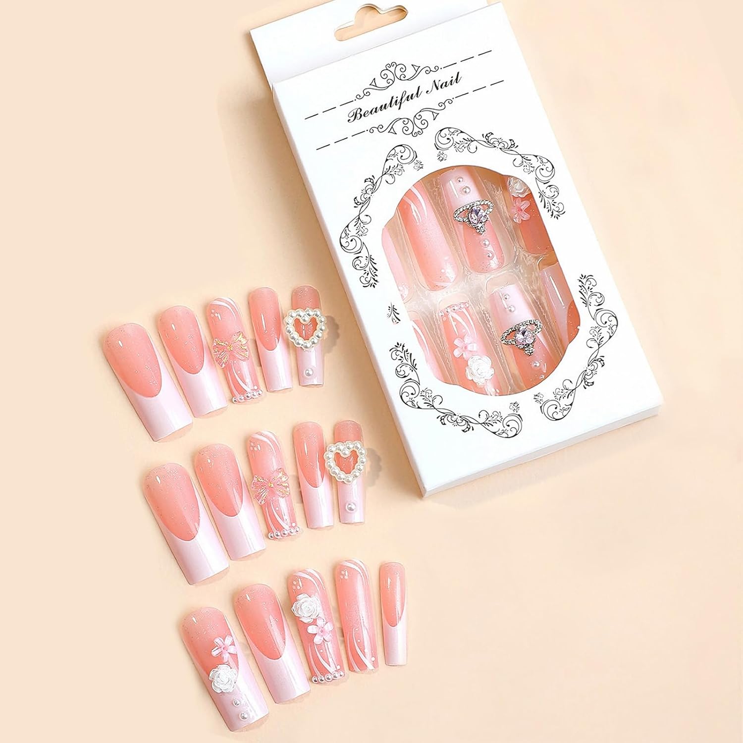 MISUD Uñas postizas cuadradas largas a presión, uñas postizas Squoval, uñas adhesivas brillantes, uñas acrílicas blancas con punta francesa, uñas