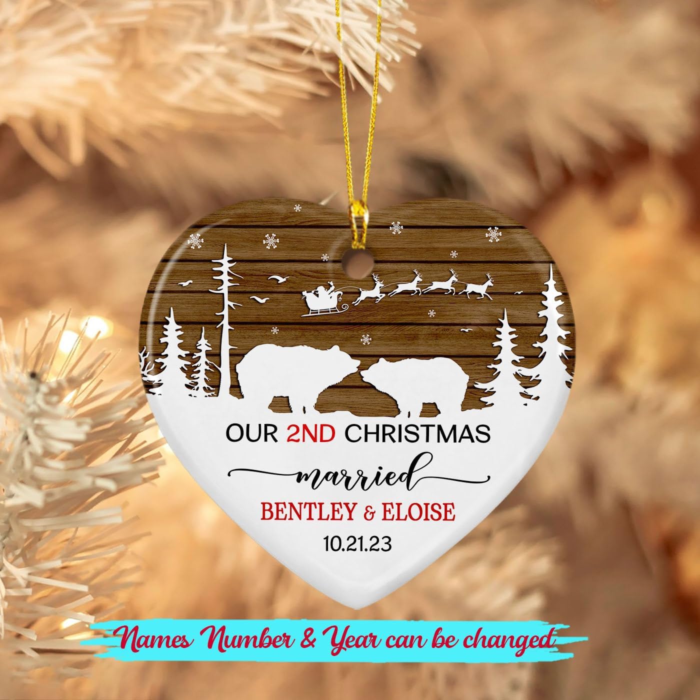 Adorno de cerámica para casados de 2 Navidad, Navidad 2023, adorno personalizado de nuestra segunda Navidad para casados, regalo para pareja, oso
