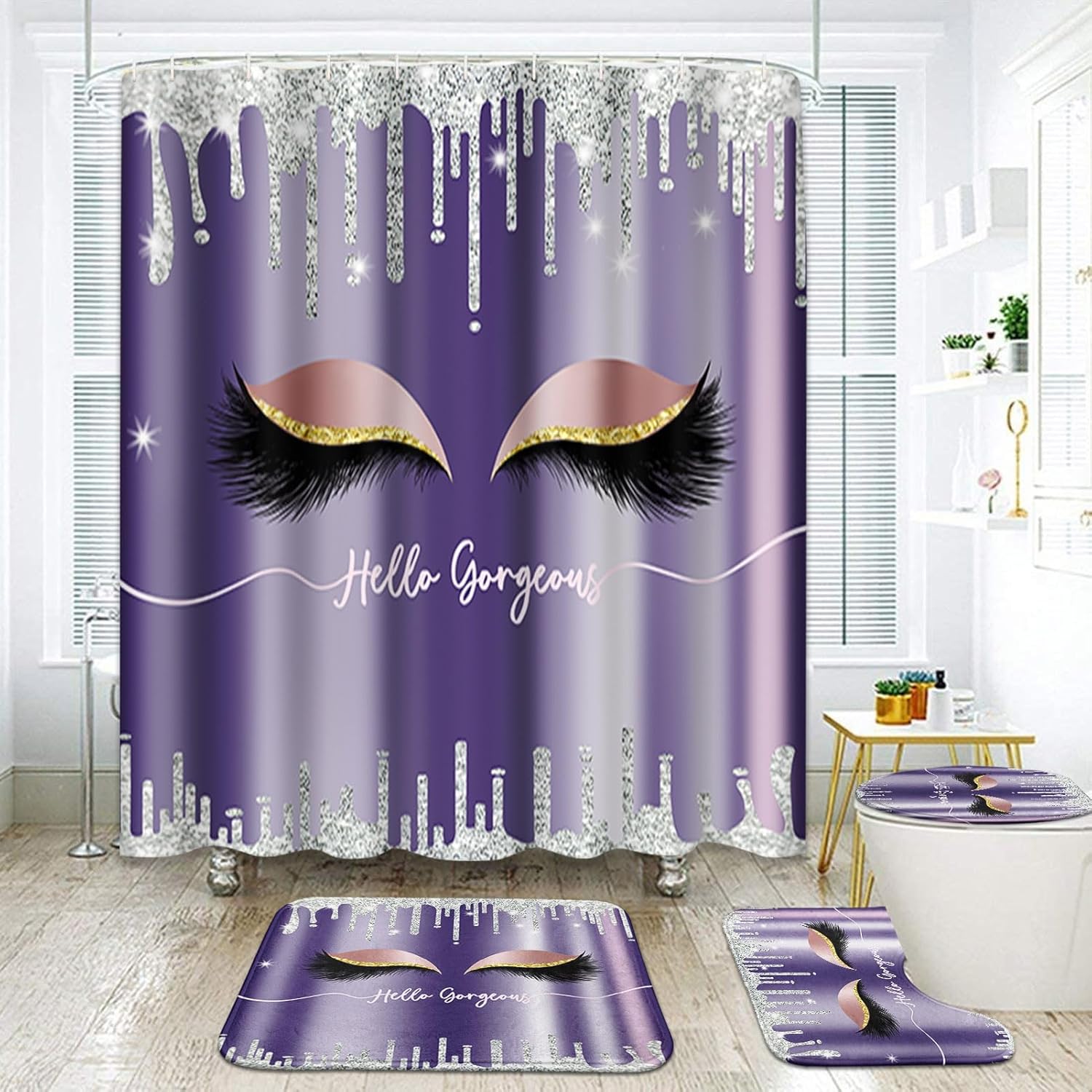 Bribay Juego de 4 cortinas de ducha, pestañas color morado rosa con alfombras antideslizantes, cubierta para tapa de inodoro y tapete de baño,