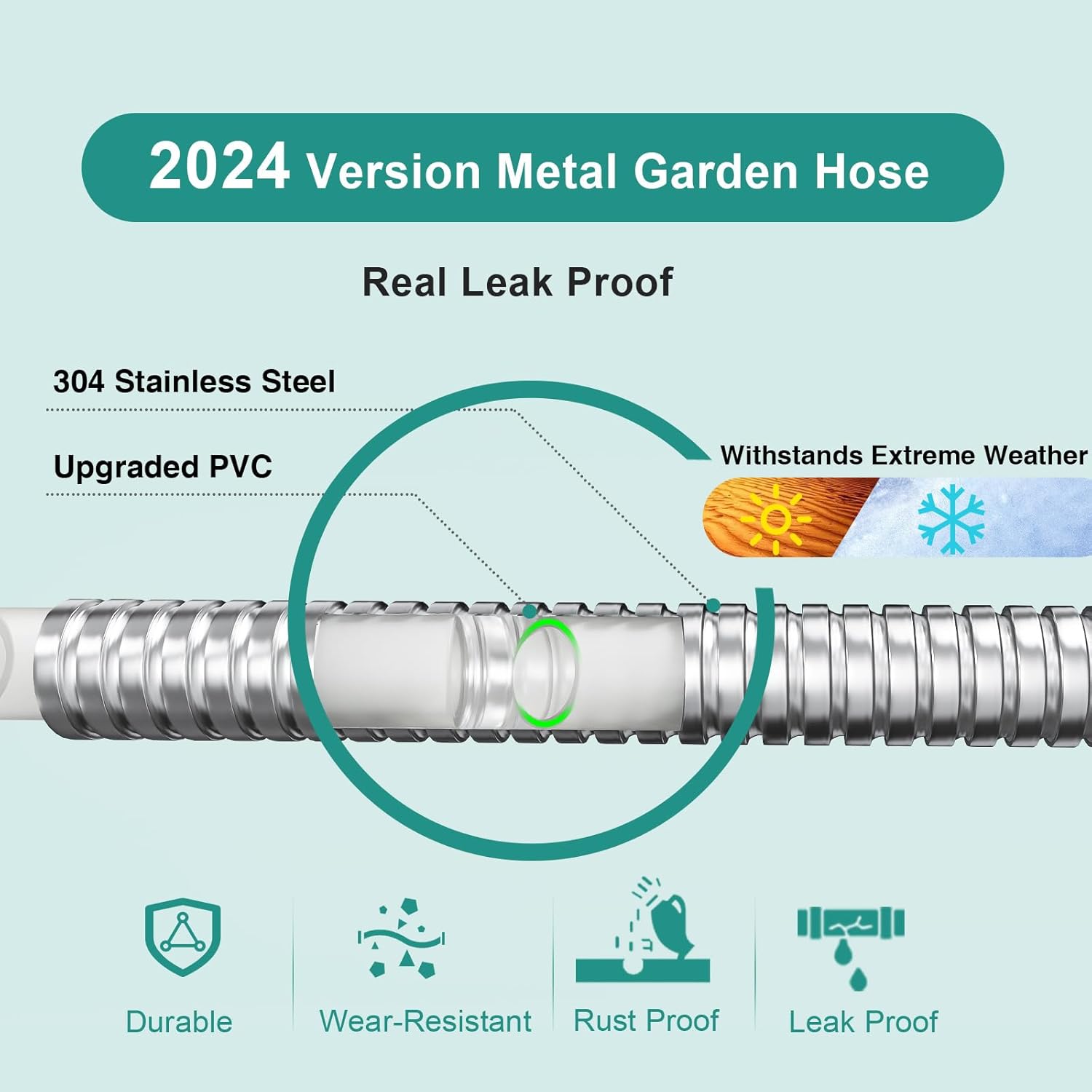 Manguera de jardín de metal de 50 pies, manguera de metal versión 2024 con diseño mejorado, boquilla de 10 funciones, accesorios universales de 34