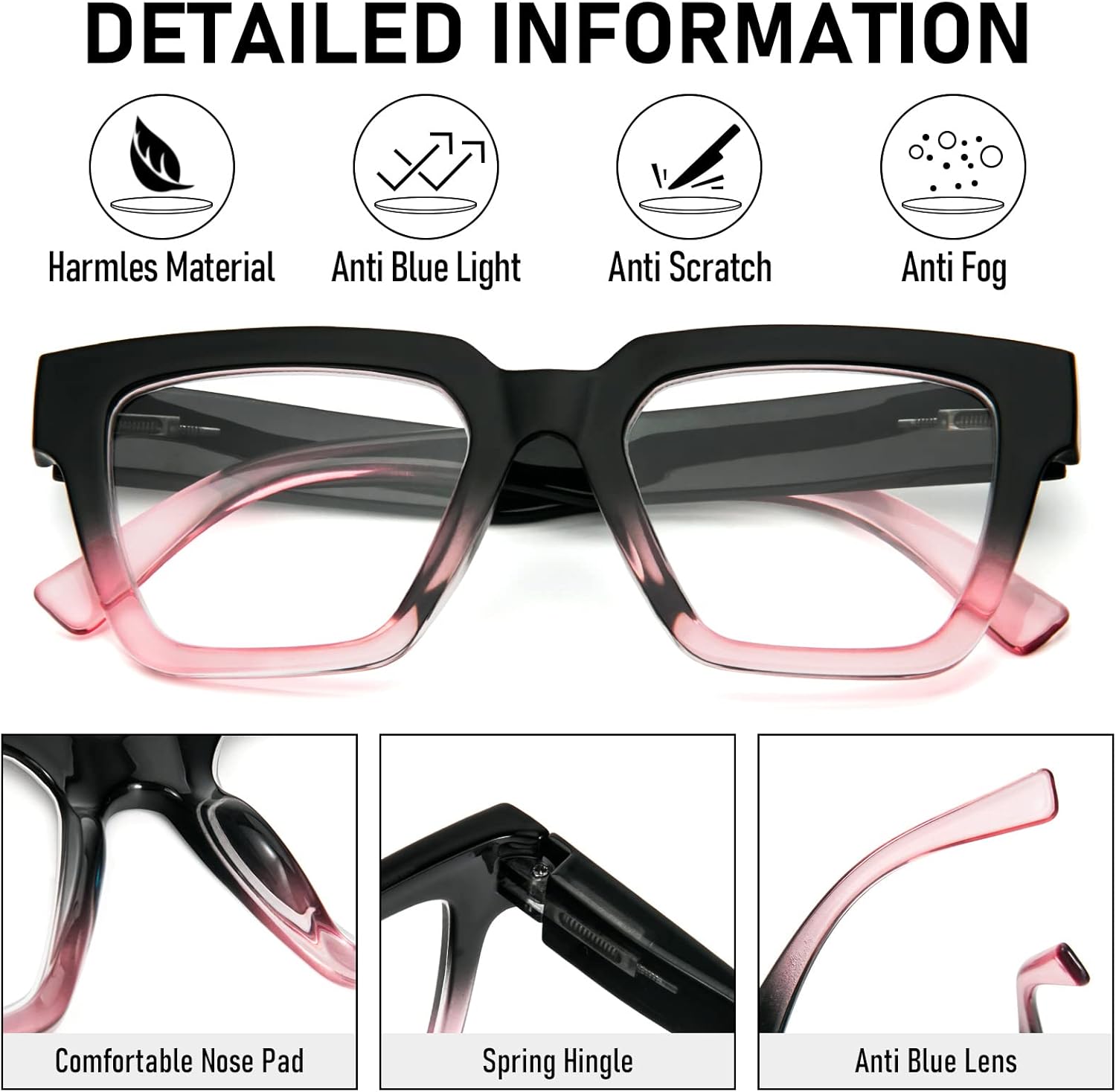 KoKoBin Paquete de 6 lentes de lectura estilo Oprah para mujer, marco cuadrado de gran tamaño, bloqueo de luz azul, cómodos lectores