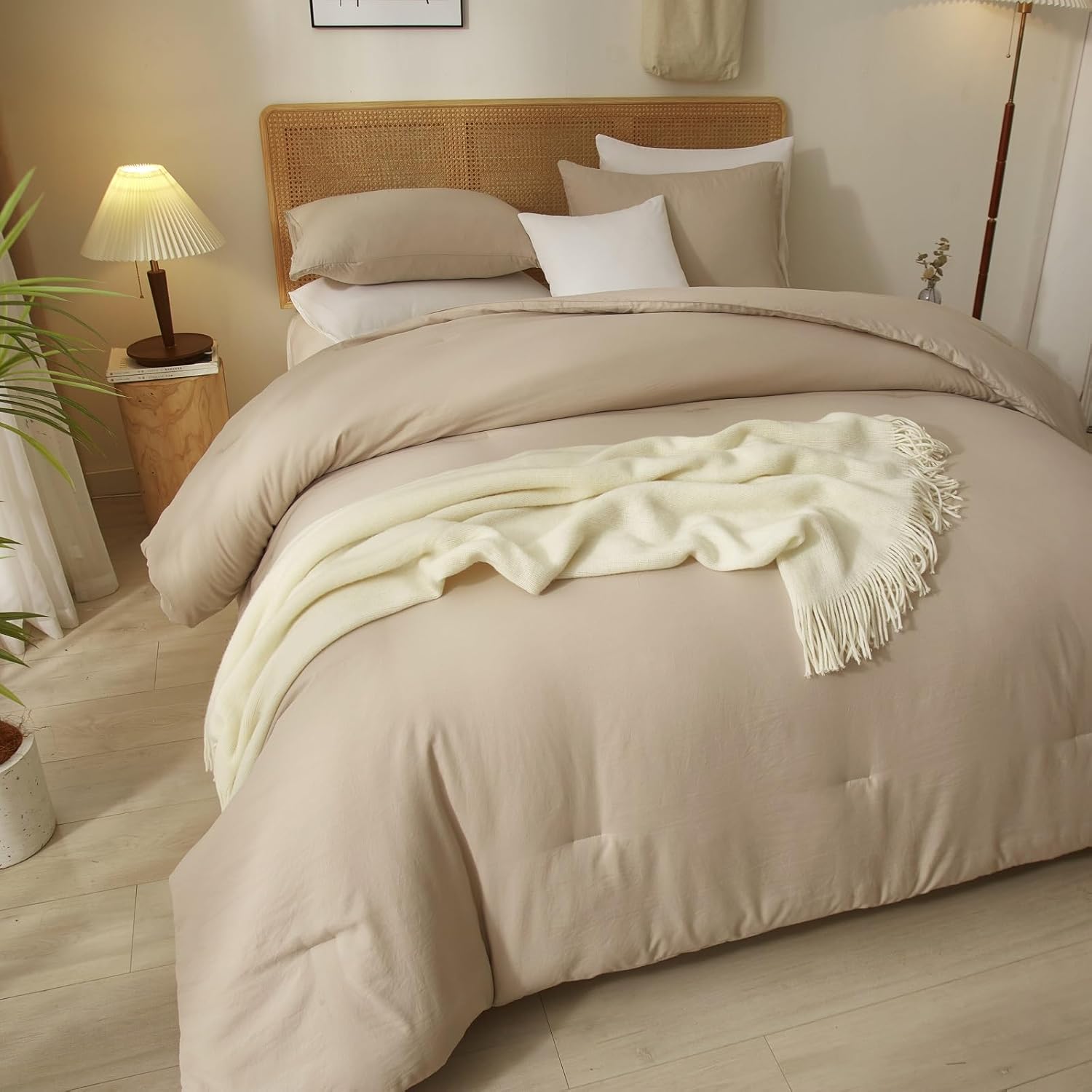 AMWAN Juego de edredón de color caqui, tamaño Queen, juego de ropa de cama y colecciones de 3 piezas, color caqui, para todas las estaciones, juego