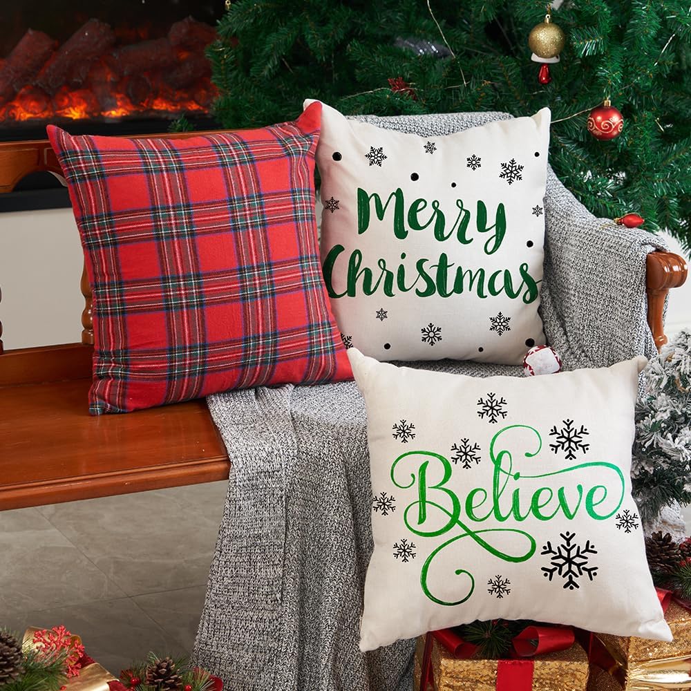 DFXSZ Juego de 4 fundas de almohada de Navidad verdes de 18 x 18 pulgadas para decoraciones de Navidad, diseño de árbol de Navidad, copo de nieve,