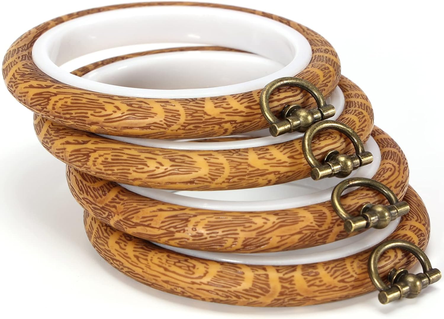 Caydo 4 aros de bordado de 3.2 pulgadas, marco de exhibición de madera imitada, aros de punto de cruz de plástico para manualidades, costura y
