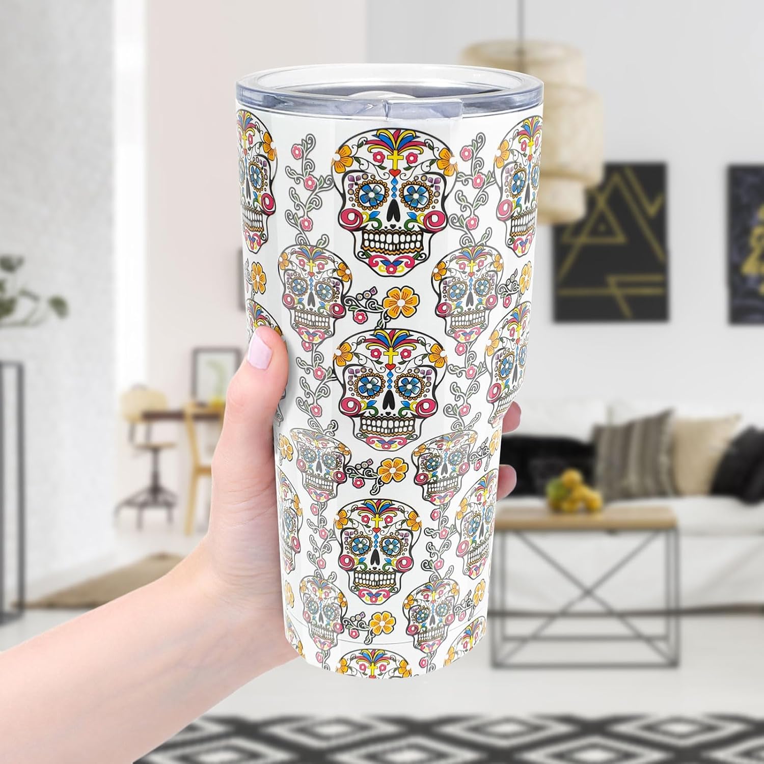 Tumbler with Lid, Double Wall Vacuum Insulated Reusable Coffee Travel Mug Keeps Drinks HotCold, Skull Tumblers Cup for Sport Camping Driving Unique