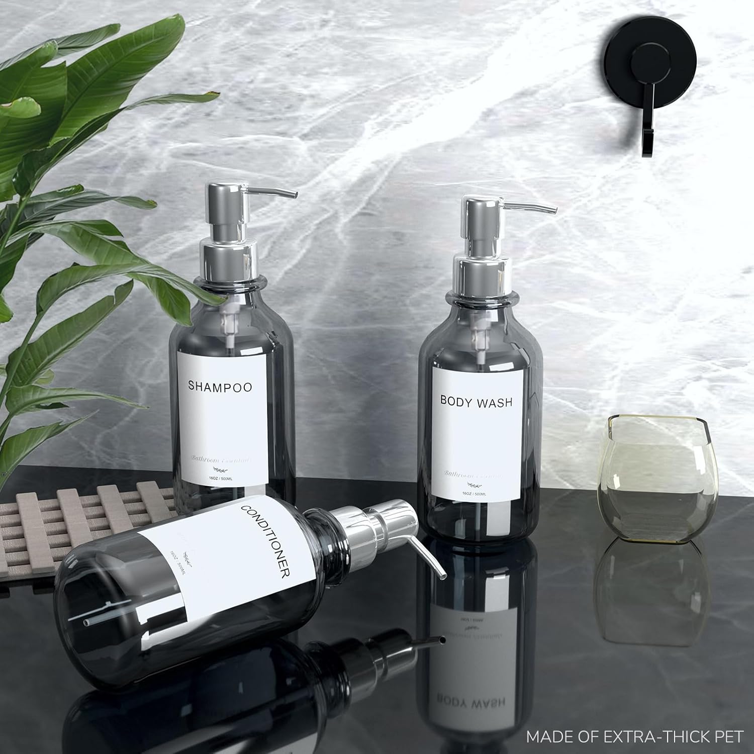 Elegante dispensador de champú y acondicionador de pared, juego de 3 dispensadores de jabón de ducha de 16 onzas sin taladro, 3 cámaras con 6