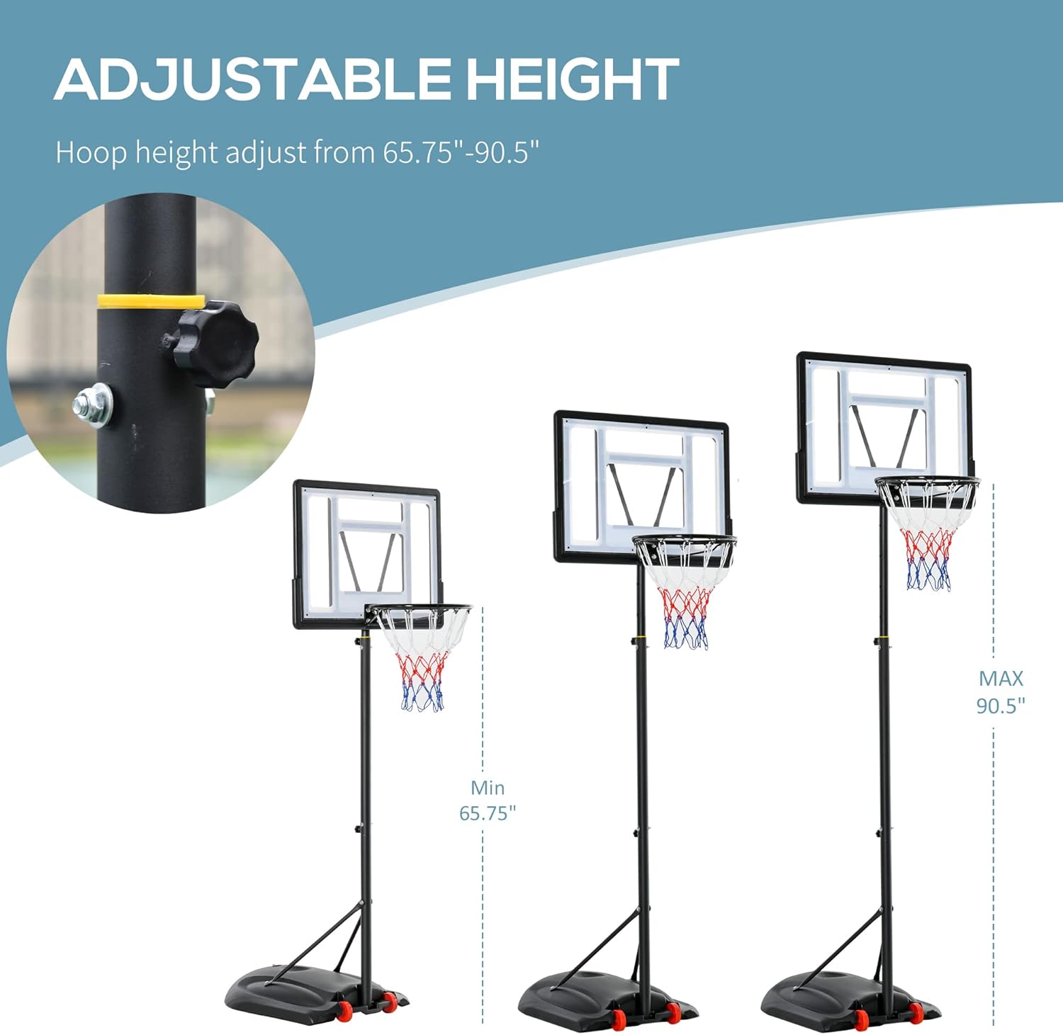 Soozier Aro de baloncesto para exteriores, portería de baloncesto portátil, altura ajustable de 5.5 a 7.5 pies con tablero trasero de 33 pulgadas y