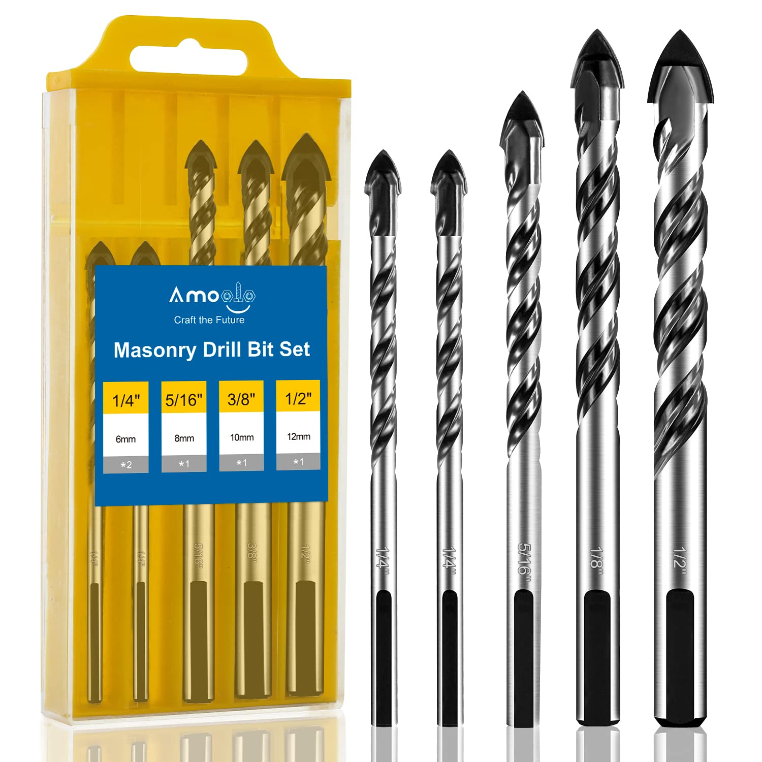 amoolo Juego de 5 brocas de mampostería con punta de carburo (14 “-12”) para ladrillo, azulejos, cemento, cerámica, vidrio, plástico, etc.