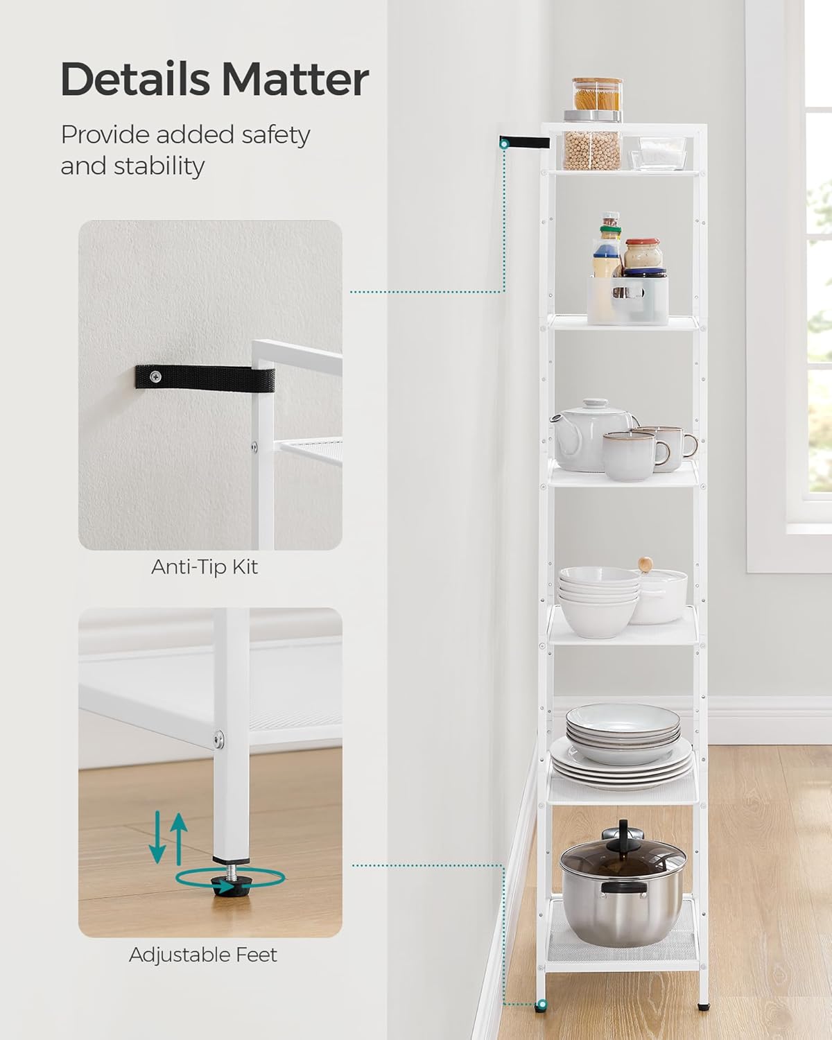 SONGMICS Estante de almacenamiento de 6 niveles, estante de baño, soporte extensible para plantas con estante ajustable, para baño, sala de estar,