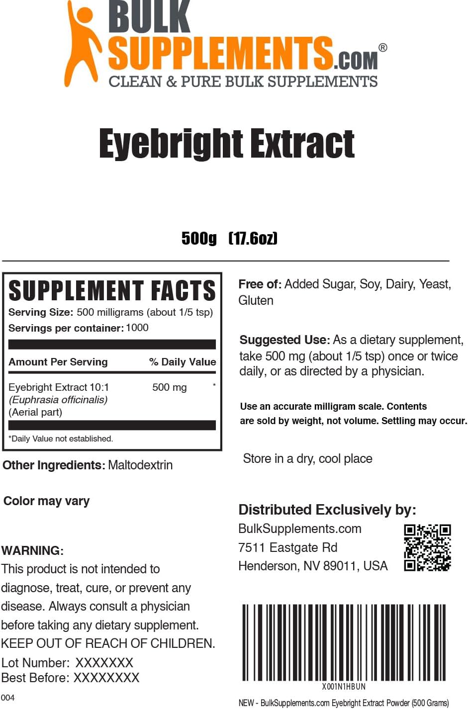 BULKSUPPLEMENTS.COM Eyebright Extracto en polvo  Extracto brillante  Suplementos para los ojos  Suplemento de hierbas Eyebright  Suplementos de
