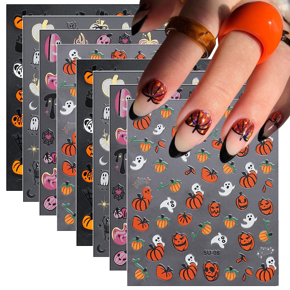8 hojas de calcomanías de uñas de Halloween para arte de uñas, LPOODDNU de Halloween, calcomanías de uñas autoadhesivas 3D, suministros de arte de