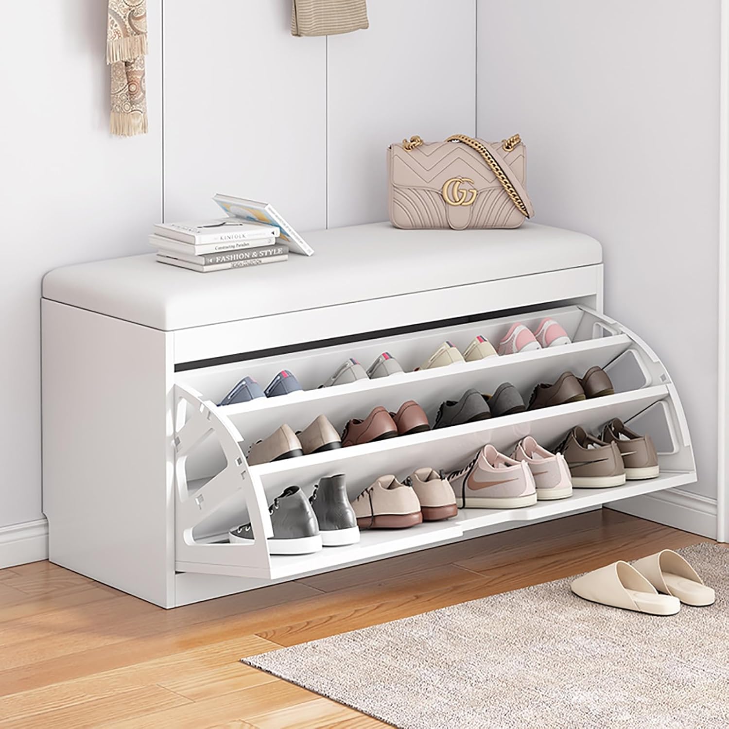 Banco de zapatos, banco con almacenamiento de zapatos, banco de entrada superior con cojín extraíble, zapatero de madera con cajón de almacenamiento
