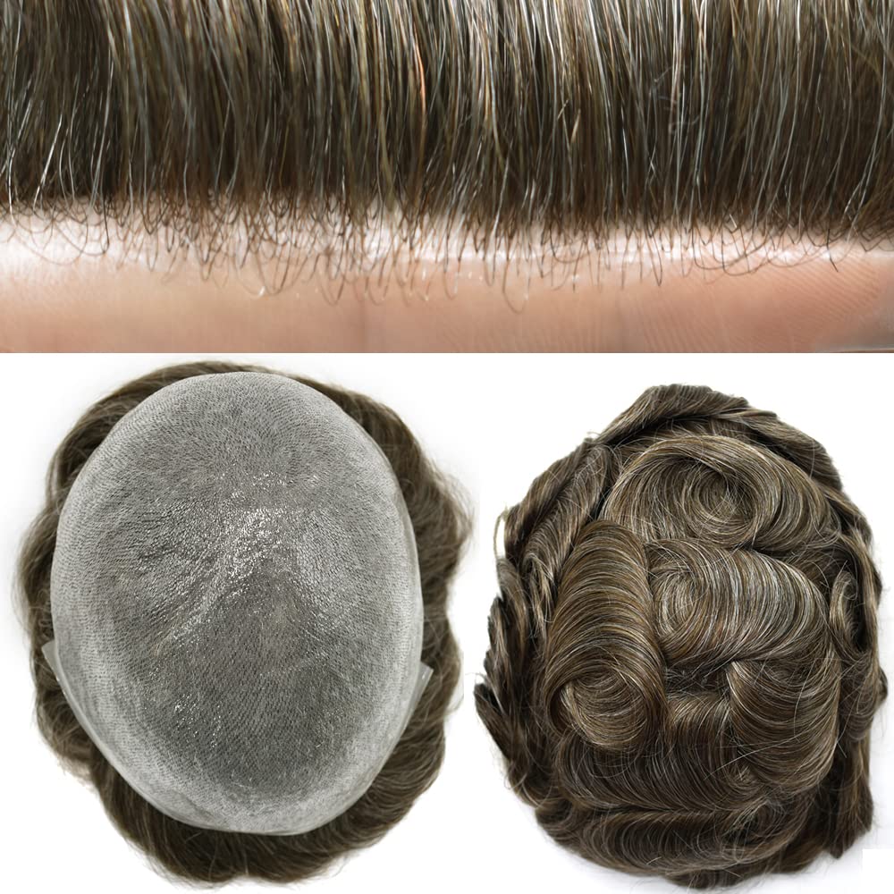 Cabello humano para hombres, tupé, piezas de cabello humano europeo, todo en V, artesanía, 0.002 in, piel fina, sistemas de reemplazo de cabello