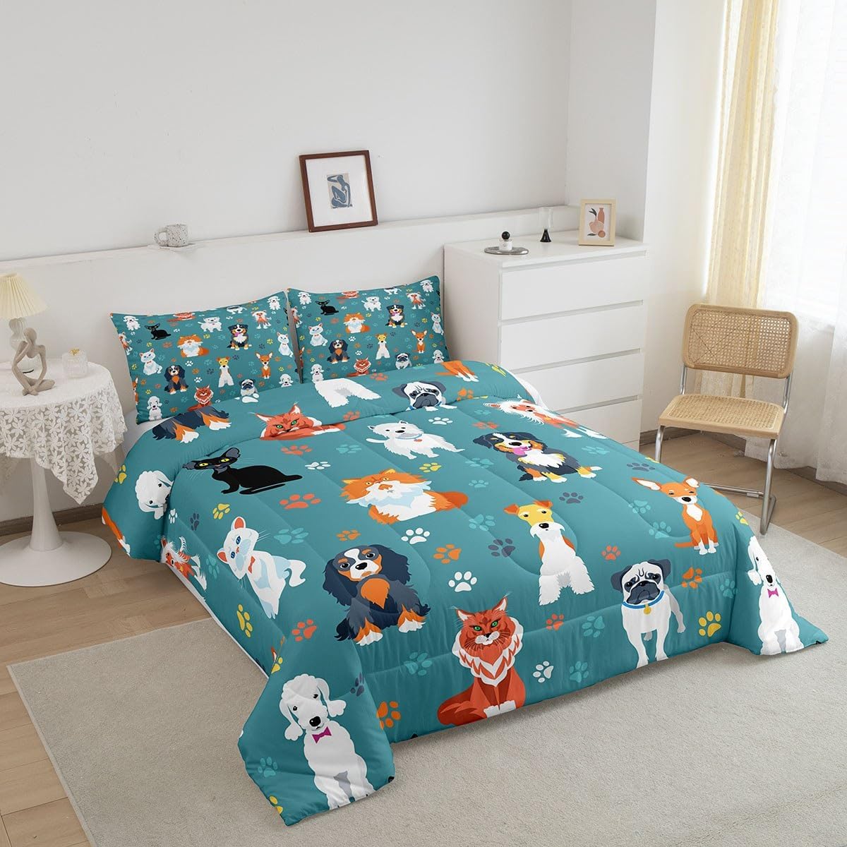 Juego de edredón lindo de perro y gato, tamaño matrimonial, juego de ropa de cama colorido con estampado de patas de cachorro, 3 piezas para niños y