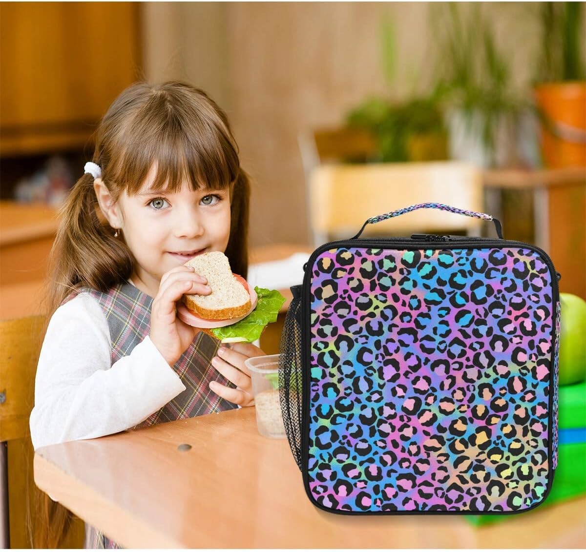 MNSRUU Bolsas de almuerzo para niños y niñas, estudiantes, diseño de leopardo arcoíris, reutilizable, aislada, bolsa de almuerzo organizadora, kit