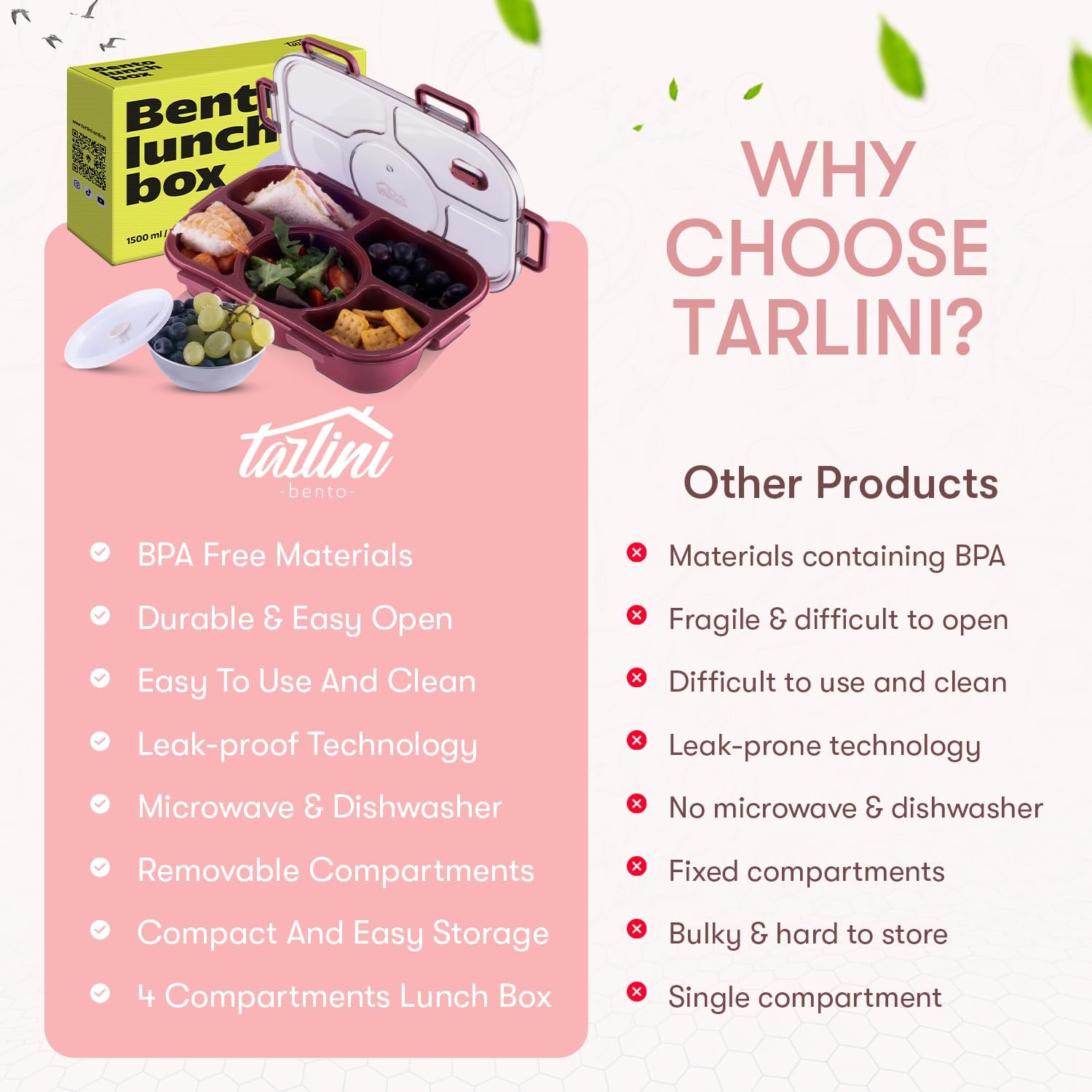 Tarlini Bento Box – Lonchera simple y fácil a prueba de fugas, sin BPA, caja de aperitivos bento de 5 compartimentos, lonchera Bento para adultos,