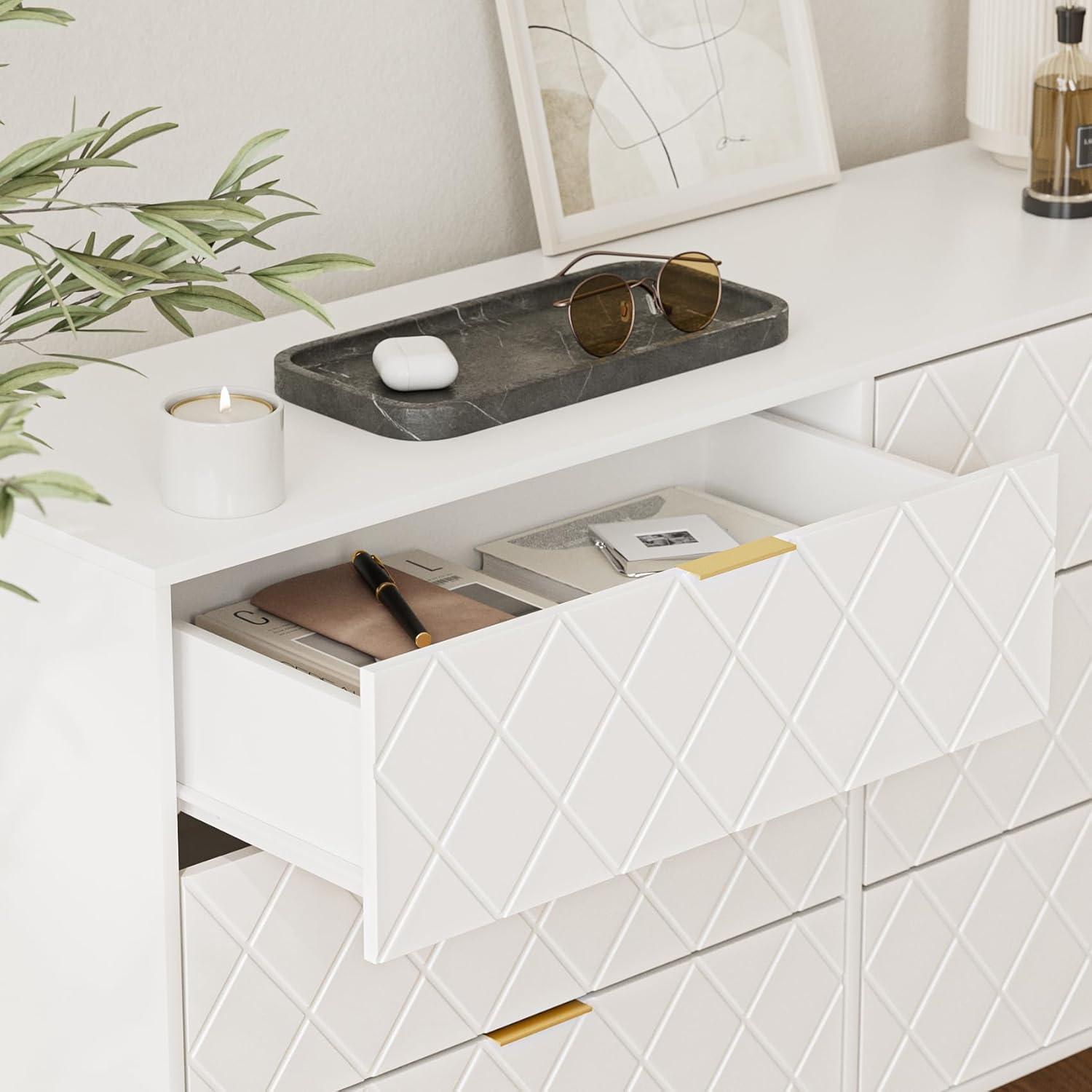Cómoda de 6 cajones, moderna cajonera, cómoda de almacenamiento ancha con patas de metal, cómoda para dormitorio, sala de estar, armario, entrada,
