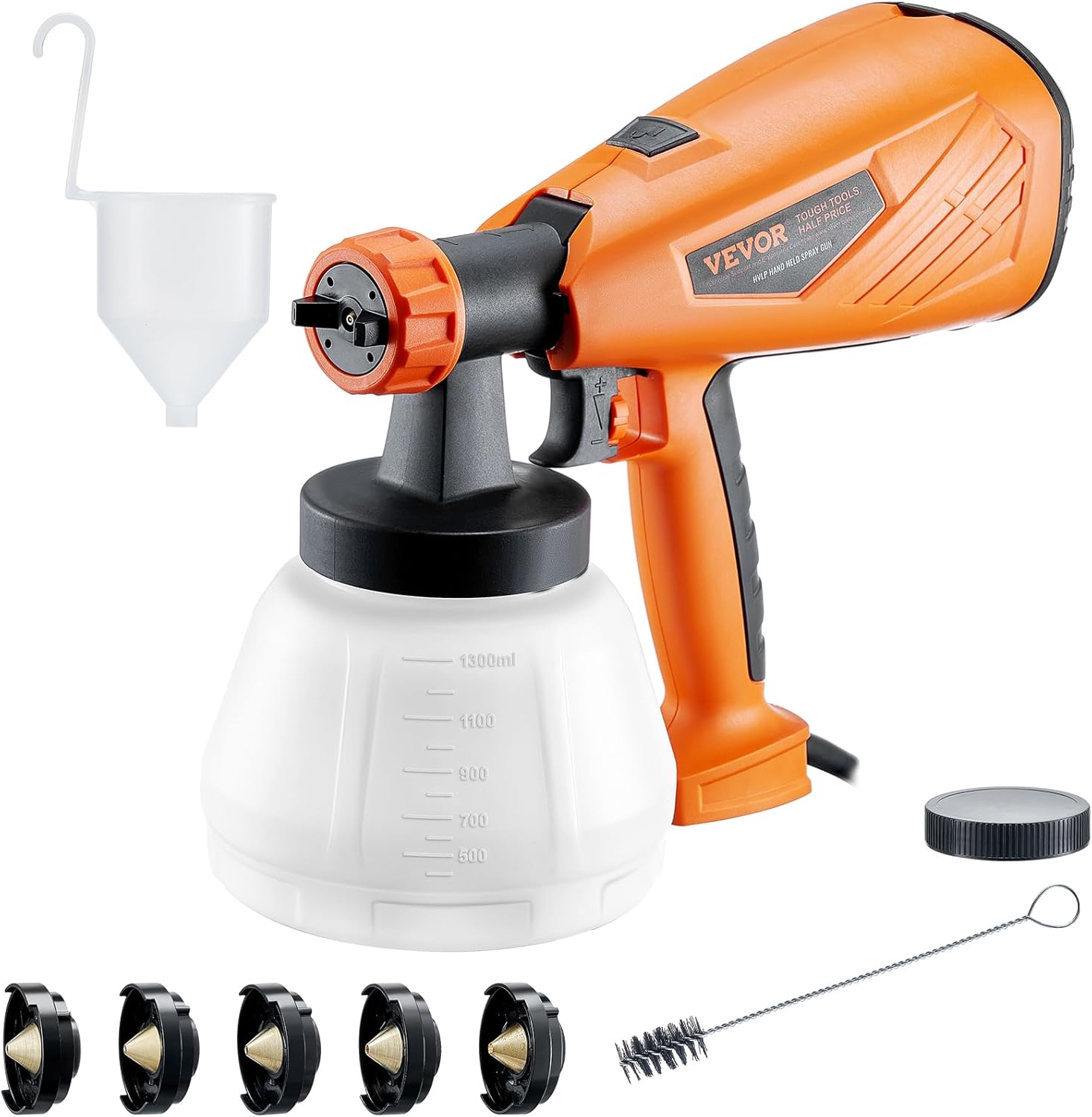 VEVOR Pulverizador eléctrico de pintura con contenedor de 44.0 fl oz, pistola de pulverización HVLP de 700 W con 5 boquillas de cobre, ideal para