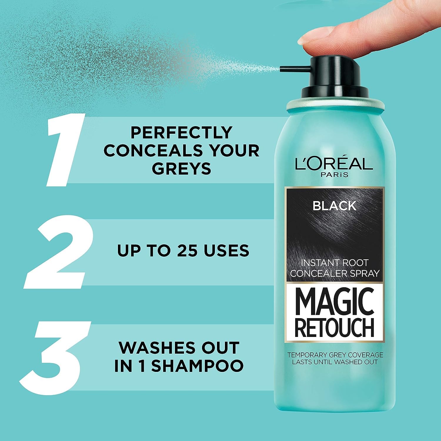 Spray corrector de raíces instantáneas, ideal para retocar el nuevo crecimiento de la raíz gris, retoque mágico, 1 negro, 2.5 fl oz