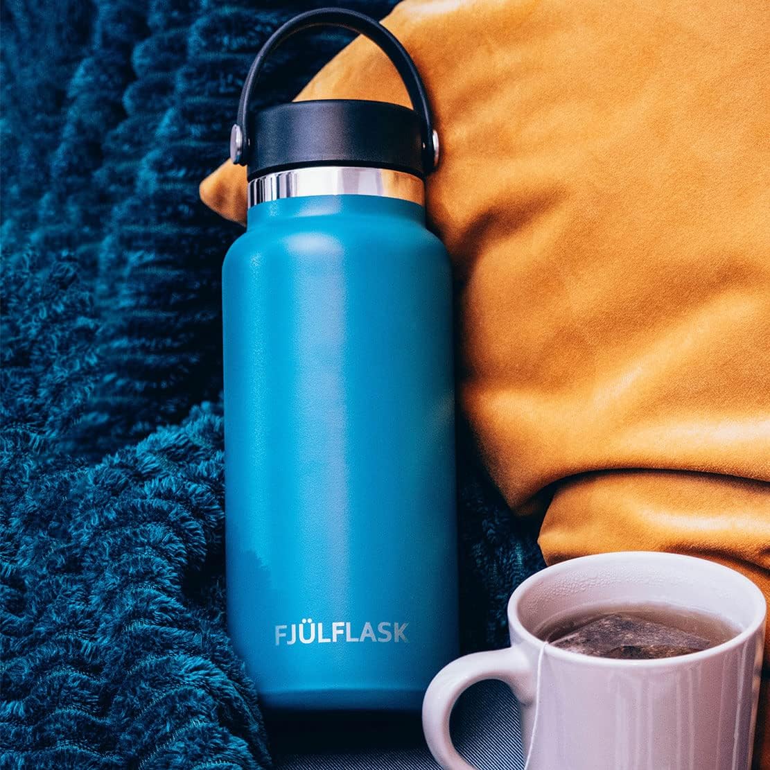 FJULflask – Botella de agua aislada al vacío de 32 onzas, taza térmica de acero inoxidable, tapa de boca ancha, tapa de rosca y tapa de rosca, la