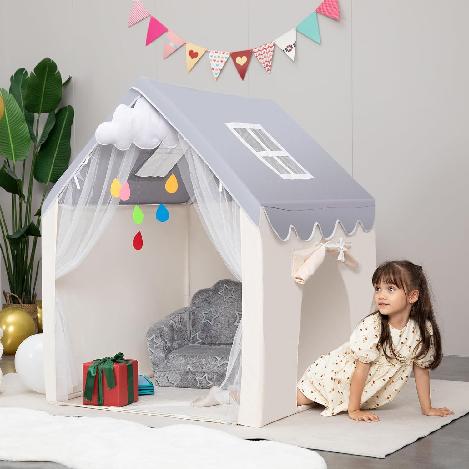Annualring Tienda de campaña para niños, tienda de campaña tipo tipi con nube de fieltro para interiores, casa de juegos para niños pequeños, tienda