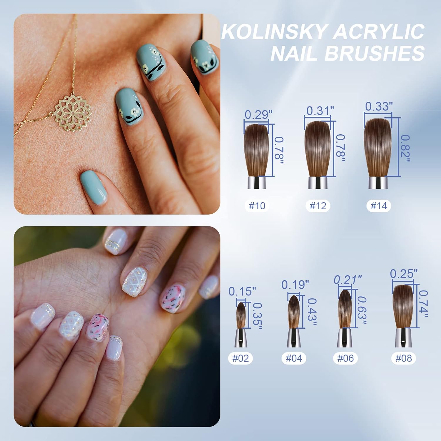 Brocha de uñas acrílicas, tamaño 16, 100% puro, Kolinsky, mango resistente, forma ovalada, herramientas de diseño de uñas en polvo acrílico para