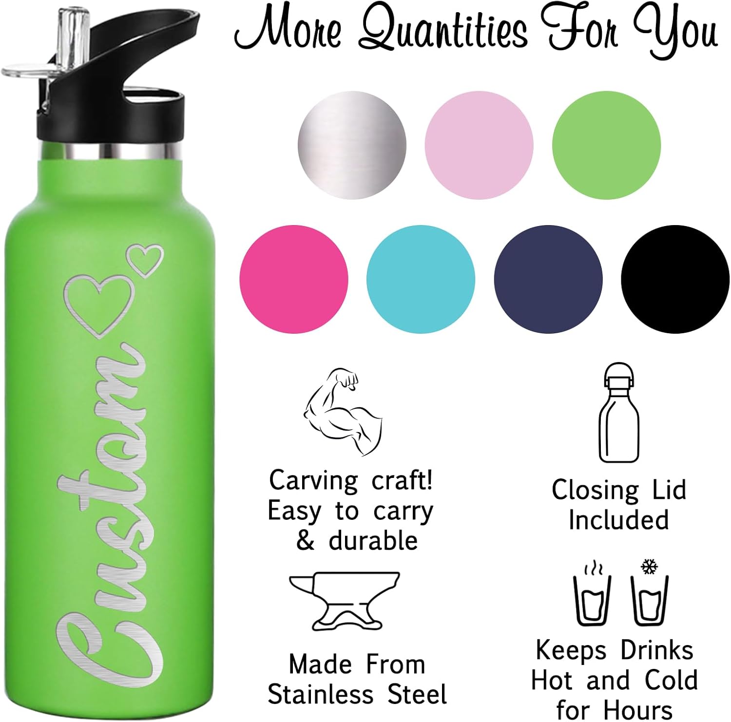 Botellas de agua personalizadas de 12 onzas, botella de agua de acero inoxidable personalizada con tapa con pajilla, botellas de doble pared