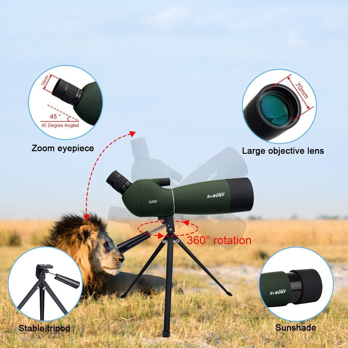 SVBONY SV28 25-75×70 – Ámbitos de detección con trípode y SV46 20-60×80 HD de doble enfoque para observación de aves, caza, disparo al objetivo,