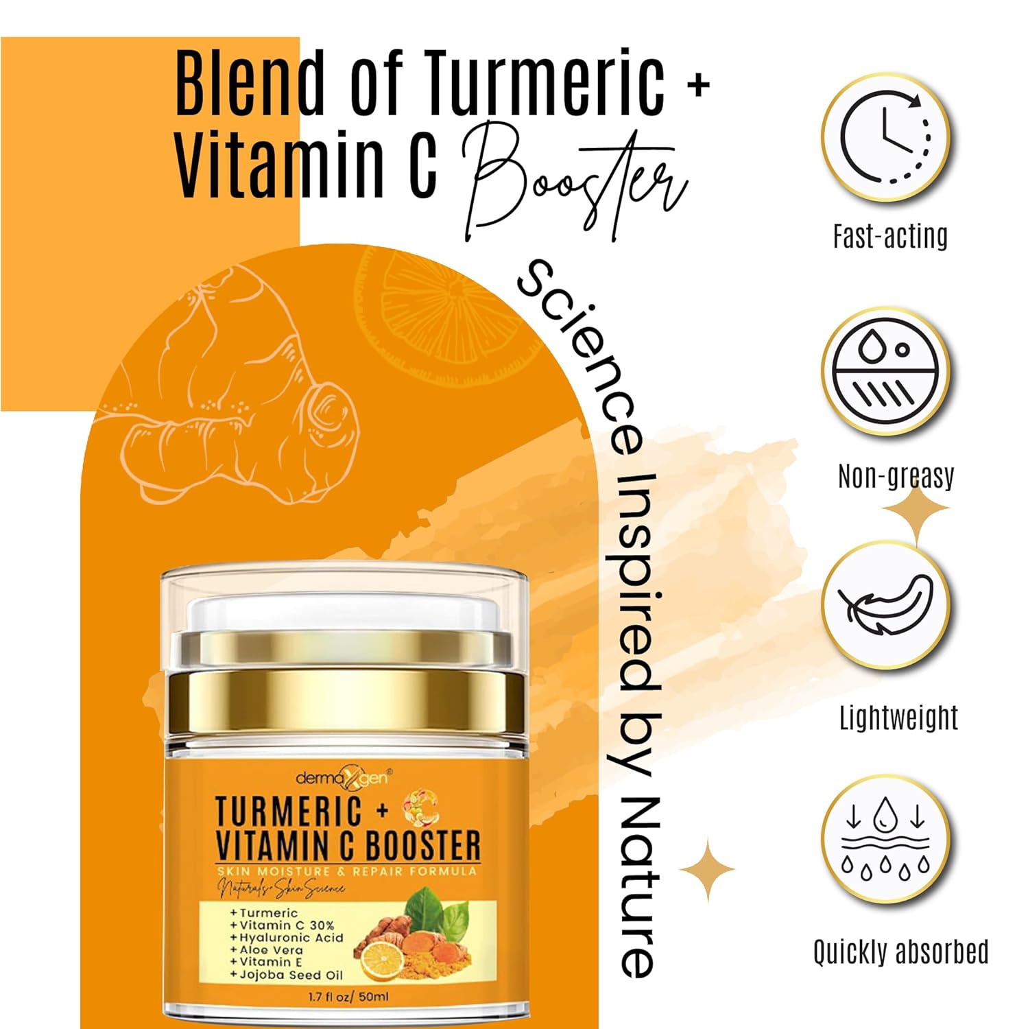Cúrcuma + 30% vitamina C Face Glow Booster Hidratante y Crema Reparadora de la Piel – con ácido hialurónico, ingredientes orgánicos – Hidratante