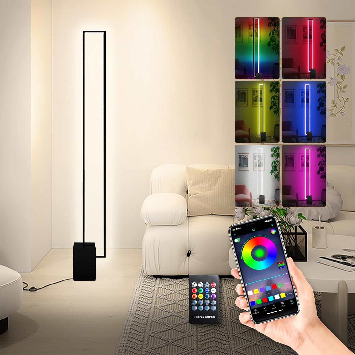 Lámpara de pie de 48 pulgadas, lámpara de pie de esquina RGB de 24 W, luces LED de pie regulables con control remoto y aplicación de colores,