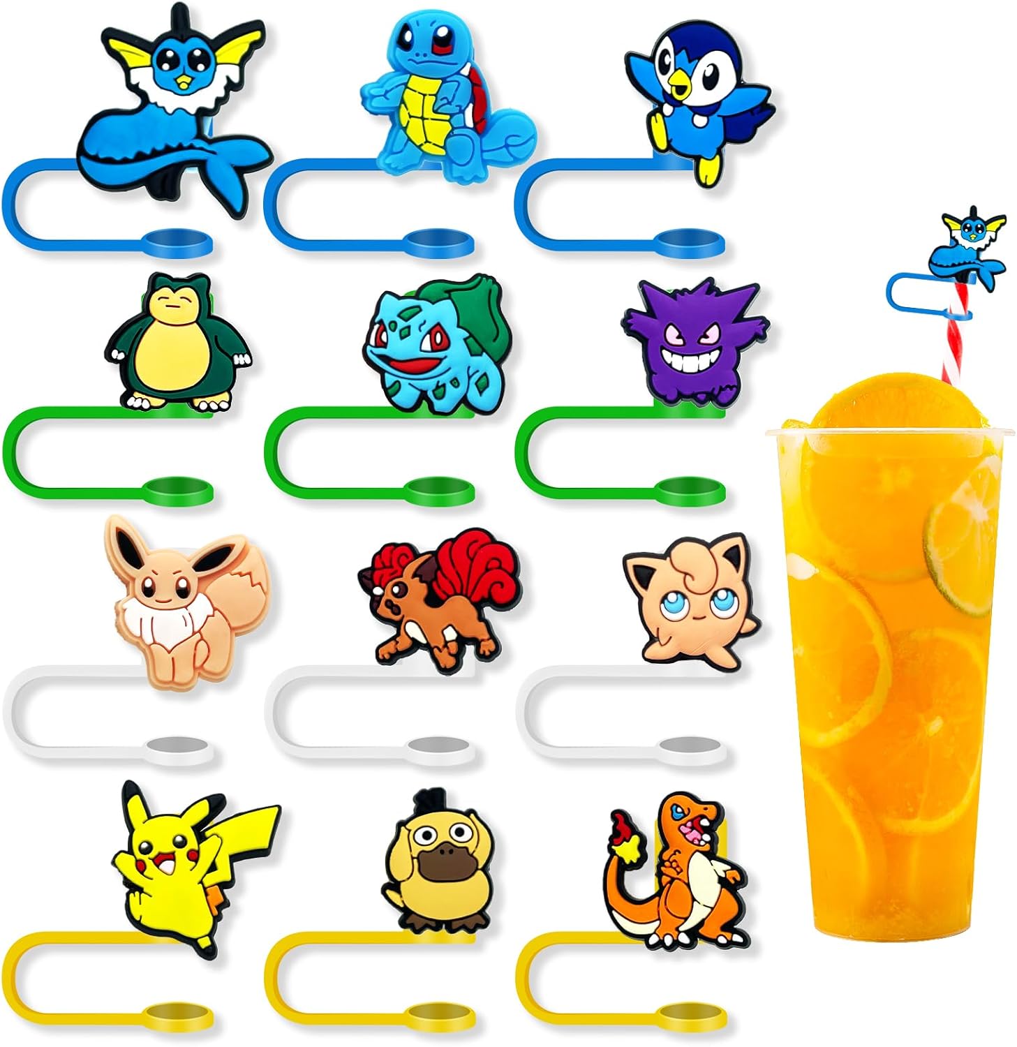 12 fundas de popote para vasos, bonito adorno de popote de dibujos animados, fundas de silicona para pajitas (12 unidades, anime de 0.315 in, 91)