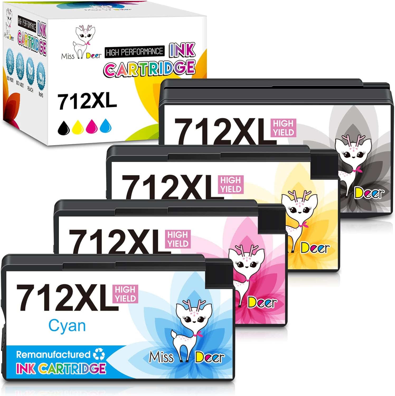 Miss Deer Cartuchos de tinta 712XL remanufacturados de repuesto para HP 712 712XL, trabajo para HP para impresoras de trazador DesignJet T630 T650